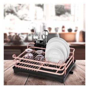 Escurridor de Platos con Soporte para Utensilios y Sistema de Drenaje Oro Rosa