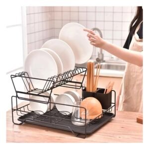 Escurridor de Platos de 2 Niveles con Soporte para Utensilios y Bandeja Negro