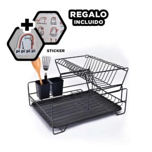Escurridor de Cocina con 2 Niveles Soporte para Utensilios y Bandeja Negro Y+Regalo Sticker