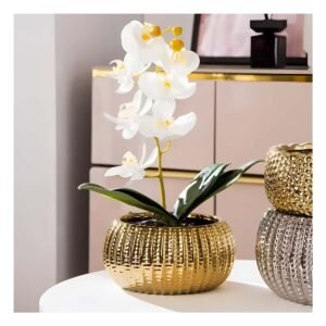 Maceta Cuenco Ceramica Dorado Acanalado Para Decorar Casa