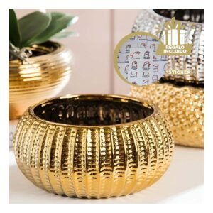 Jardinera Cuenco Ceramica Dorado Acanalado Para Sala Y Jardin Y+Regalo Sticker