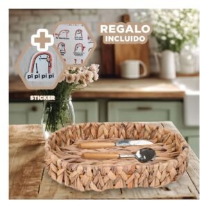 Cesta tejida ovalada Grass 36x28x6cm mostaza versatil para guardar objetos Y+Regalo Sticker