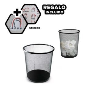 Tacho de Desechos Malla Metalica Circular Negro Moderna y Duradera Y+Regalo Sticker