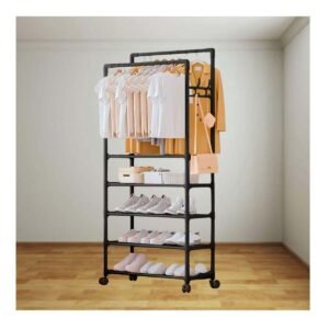 Estante Multifuncional Negro con 5 Niveles y Doble Perchero Movil