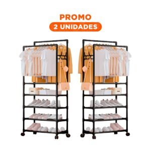 Pack2 Repisa Negra de 5 Niveles con Doble Perchero Movil para Dormitorio