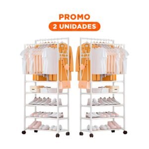 Pack2 Repisa Blanca de 5 Niveles con Doble Perchero Movil para Dormitorio