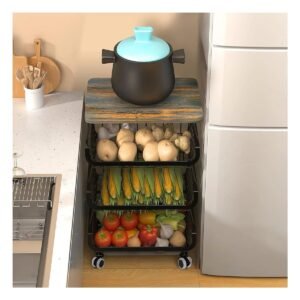 Carrito Clasificador Negro de 4 Bandejas en Acero y Madera con Ruedas