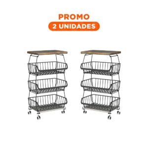 Pack2 Canastilla Ordenadora Negra de 4 Compartimentos en Acero y Madera con Ruedas