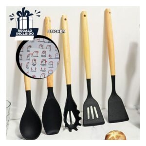 Set Unico de Utensilios de Silicona Negro Duraderos y Colores Llamativos Y+Regalo Sticker