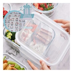Contenedor de Vidrio 1040ml Transparente con Separadores y Tapa Segura Y+Regalo Sticker