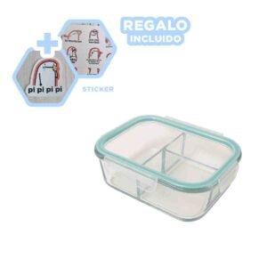 Envase de Vidrio con Tapa Segura y Divisiones 1040 ml con Linea Celeste Y+Regalo Sticker