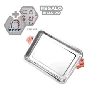 Charola Rectangular De Acero Plateada Para Organizar Alimentos Y Postres Y+Regalo Sticker