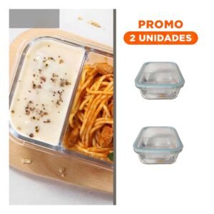 Pack2 Recipiente de Vidrio con Tapa 2 Divisiones 1040ml Linea Celeste