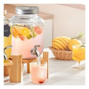 Dispensador de Bebida 4L con Base de Madera y Tapa de Metal Transparente