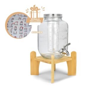 Contenedor de Bebida 4L con Base de Madera y Tapa Metal Transparente Y+Regalo Sticker