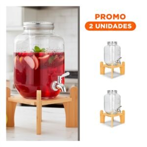 Pack2 Surtidor de Bebida 4L con Base de Madera y Tapa Metal Transparente