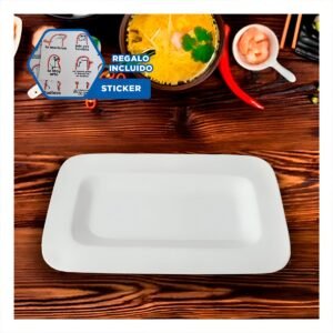 Plato Rectangular con Borde Curvo Blanco para Presentacion en Mesa Y+Regalo Sticker