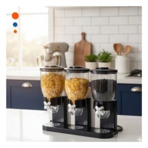Dispensador triple de granos negro para cocina y hogar moderno con capacidad