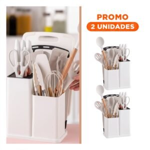 Pack2 Juego Equipado con 18 Piezas de Utensilios Blanco en Silicona y Madera