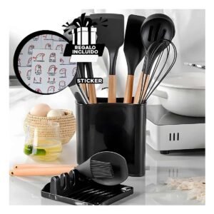 Cucharones Set de 11 en Silicona de Color Negro con Soporte Posa Cucharon Y+Regalo Sticker