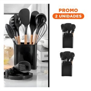Pack2 Juego Moderno de Color Negro 11 Cucharones de Silicona con Base