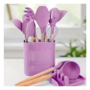 Cucharones de Silicona de Color Lila Set de 11 con Posa Cucharon Resistente