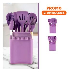 Pack2 Juego Moderno de Color Lila 11 Cucharones de Silicona con Base