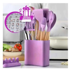 Cucharones Set de 11 en Silicona de Color Lila con Soporte Posa Cucharon Y+Regalo Sticker