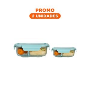 Pack2 Contenedor de Vidrio con 2 Divisiones y Tapa Color Celeste para Organizar Comidas