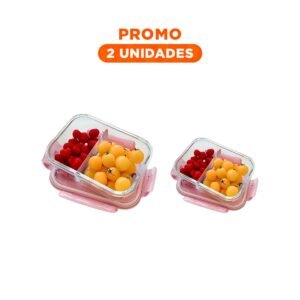 Pack2 Contenedor de Vidrio con 2 Divisiones y Tapa Color Rosado para Organizar Comidas