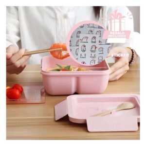 Taper con Dos Compartimentos en Rosado y Capacidad 1100ml con Cubiertos Y+Regalo Sticker