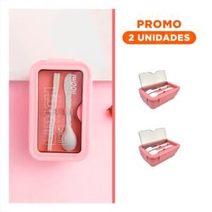 Pack2 Lonchera con Dos Espacios Internos 1100ml Rosado con Cubiertos Practicos