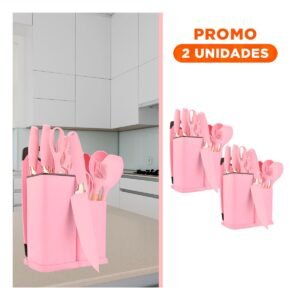 Pack2 Utensilios Cocina Profesional en Rosado con Estructura Acero Inoxidable