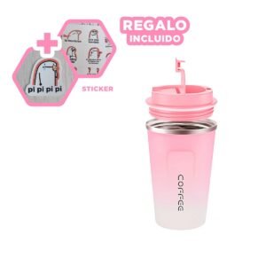 Vaso Digital 510ml Rosado con Blanco Portátil Elegante y Funcional Para Café Y+Regalo Sticker