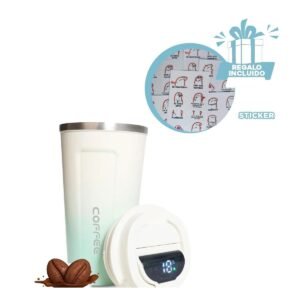 Vaso Digital 510ml Celeste con Blanco Portátil Elegante y Funcional Para Café Y+Regalo Sticker