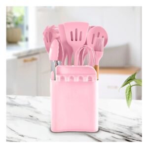 Cucharones de Silicona de Color Rosado Set de 11 con Posa Cucharon Resistente
