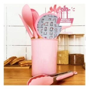 Cucharones Set de 11 en Silicona de Color Rosado con Soporte Posa Cucharon Y+Regalo Sticker
