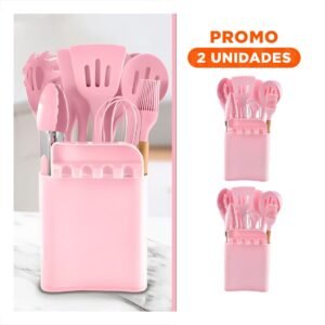 Pack2 Juego Moderno de Color Rosado 11 Cucharones de Silicona con Base