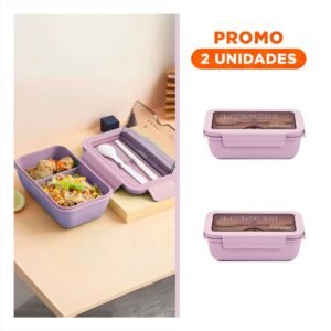 Pack2 Lonchera con Dos Espacios Internos 1100ml Morado con Cubiertos Practicos
