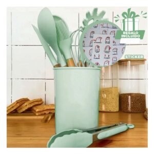 Cucharones Set de 11 en Silicona de Color Verde Agua con Soporte Posa Cucharon Y+Regalo Sticker