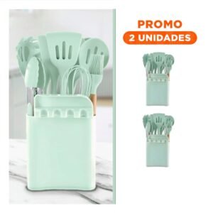 Pack2 Juego Moderno de Color Verde Agua 11 Cucharones de Silicona con Base