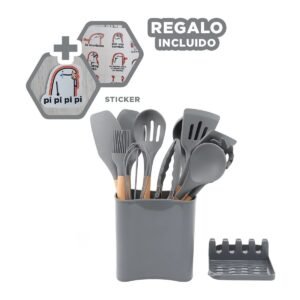 Cucharones Set de 11 en Silicona de Color Plomo con Soporte Posa Cucharon Y+Regalo Sticker