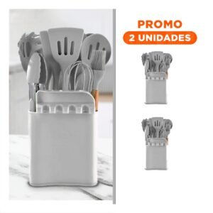 Pack2 Juego Moderno de Color Plomo 11 Cucharones de Silicona con Base