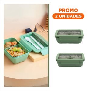 Pack2 Lonchera con Dos Espacios Internos 1100ml Verde con Cubiertos Practicos