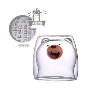 Vaso en Color Transparente con Oso Pardo Formato Doble Capa de Vidrio Y+Regalo Sticker