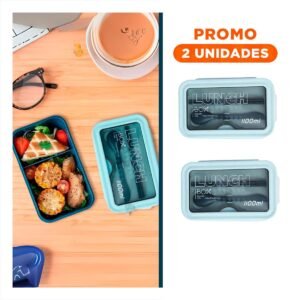 Pack2 Lonchera con Dos Espacios Internos 1100ml Azul con Cubiertos Practicos