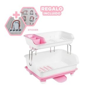 Escurridor de Plato Rosado 2 Niveles de Material Fuerte en su Hogar Y+Regalo Sticker