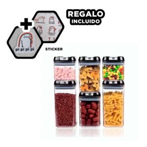 Contenedores de Alimentos Tapa Negra Set 6 de Material Fuerte en su Hogar Y+Regalo Sticker