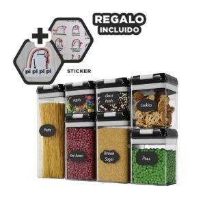 Envases de Alimentos Acrilicos con Tapa Palanca Negra Set 7 Transparente Y+Regalo Sticker