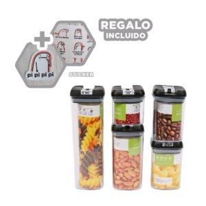 Frascos de Alimentos Acrilicos con tapa palanca Negra Transparente Set 5 Y+Regalo Sticker